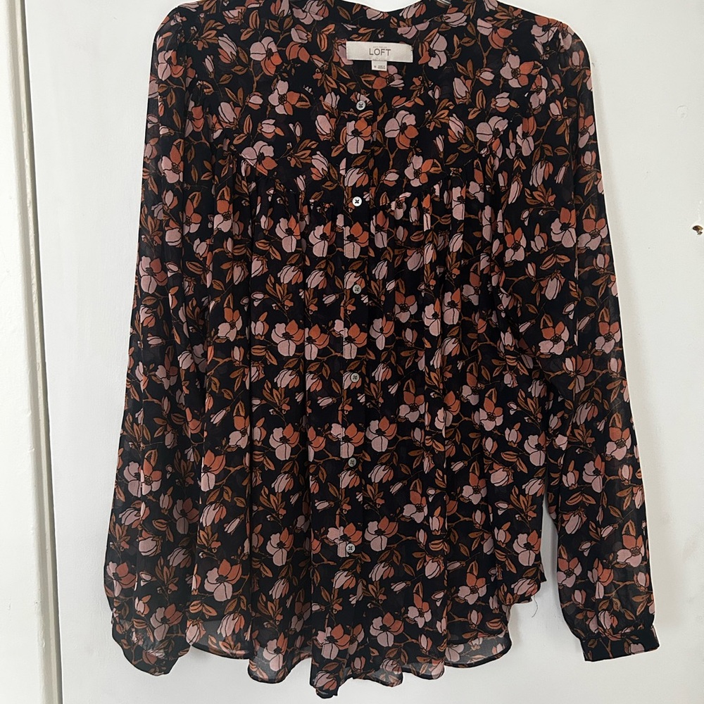 LOFT Dark Navy and Pink Floral Blouse